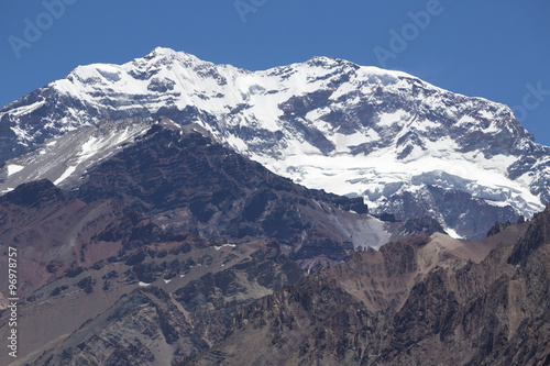 Aconcagua mountain peak with clear blue sky. Argentina