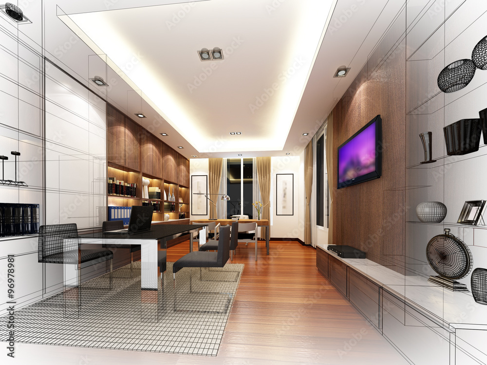 Obraz premium sketch design of interior working room, wire frame