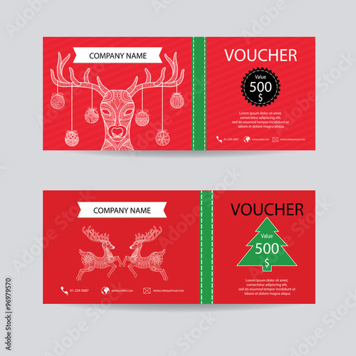 christmas and new year gift voucher certificate coupon template. Decorate with detailed hand drawn Christmas deer zentangle style