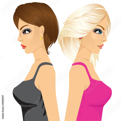 two woman standing with back to back