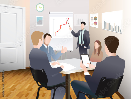 Businessmen discuss sales growth in the office chart Businessman shows on board plot sruppa employees at work, flet, vector office workers to discuss at the meeting, isolated, office interior