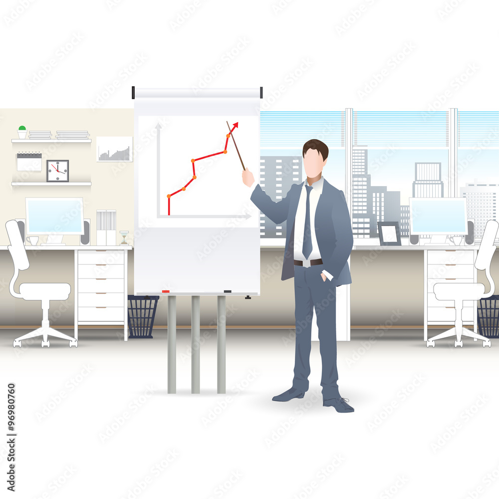 Businessmen discuss sales growth in the office chart Businessman shows on board plot sruppa employees at work, flet, vector office workers to discuss at the meeting, isolated, office interior Businessmen discuss sales growth in the office chart Businessman shows on board plot sruppa employees at work, flet, vector office workers to discuss at the meeting, isolated, office interior