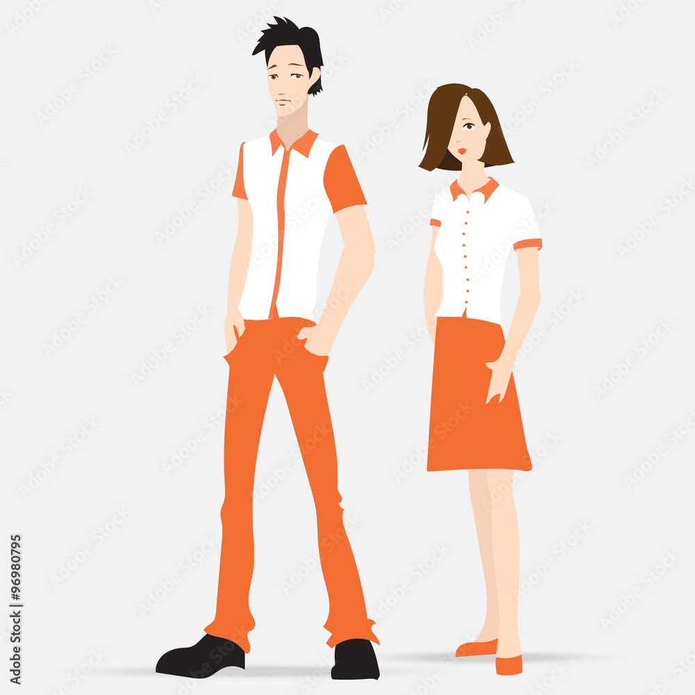 Clothing pattern polo shirt, model man and woman, clothing for the corporate staff, the store cashier, vector