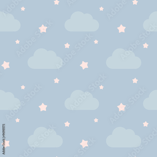 lovely cute sky with clouds and pink little stars seamless vector pattern background illustration