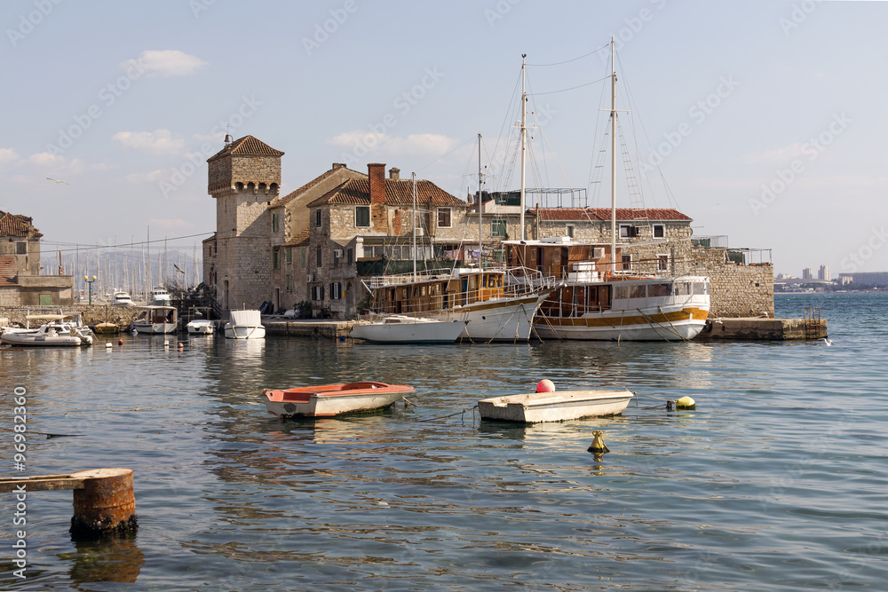 Wooden sailing boats in Kastel Gomilica one of seven settlement of town Kastela in Croatia