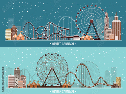 Vector illustration. Ferris wheel. Winter carnival. Christmas, new year. Park with snow