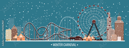 Vector illustration. Ferris wheel. Winter carnival. Christmas, new year. Park with snow