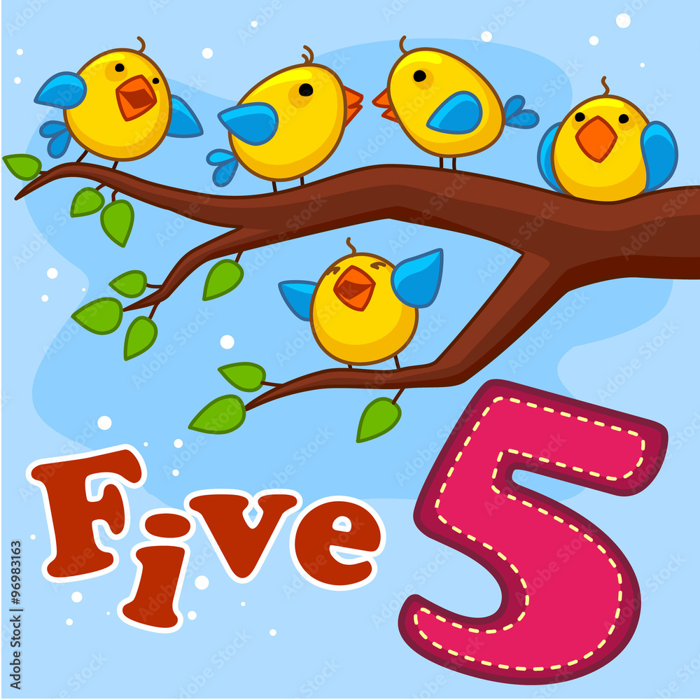 Five yellow bird sitting on a tree