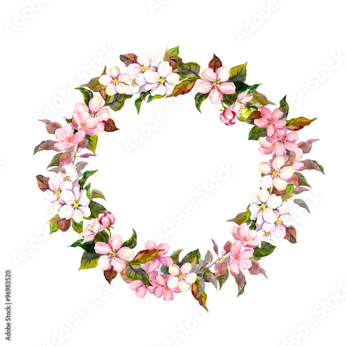 Frame wreath with cherry, apple, almond flowers blossom. Watercolor © zzorik