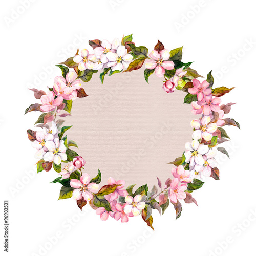 Border wreath with sakura flowers cherry, apple flower blossom. Watercolor card