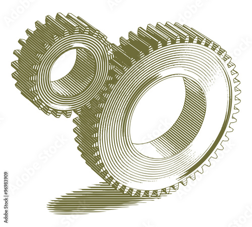 Engraved-style illustration of two gears.