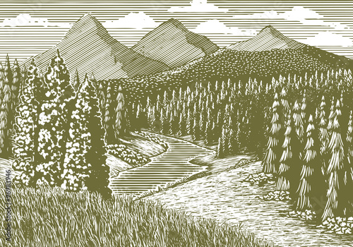 Woodcut-style illustration of a mountain landscape with a stream running through it.