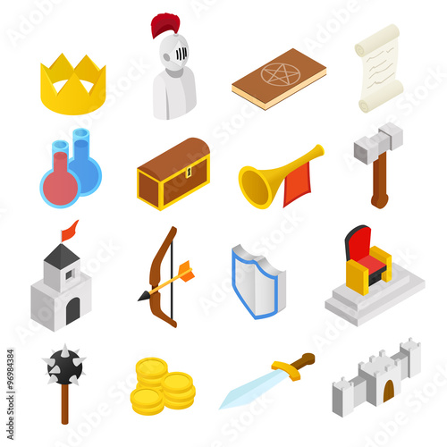 Medieval isometric 3d icons set