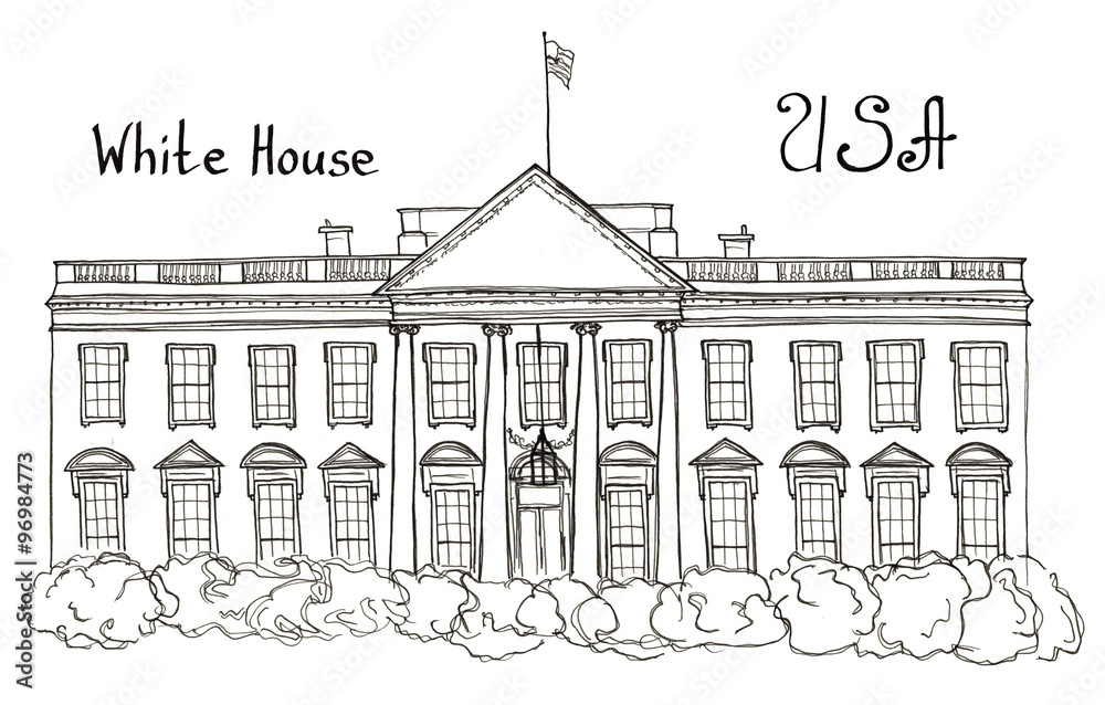 Watercolor hand drawn sketch of White House, USA, Washington with lettering