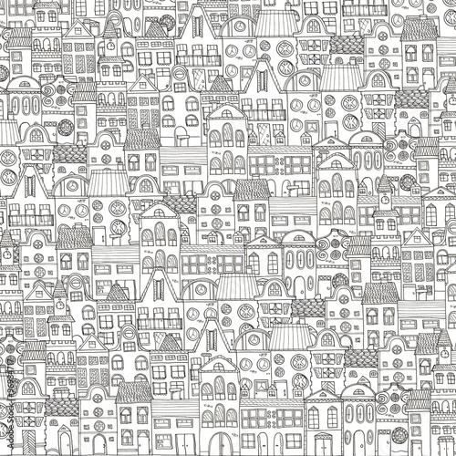 Cartoon hand drawing town houses background. Coloring pages
