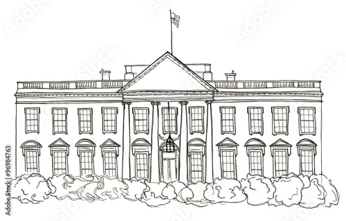 Watercolor hand drawn sketch of White House, USA, Washington