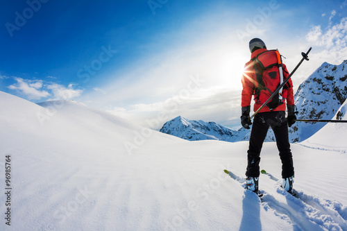 Skiing: rear view of a skier in powder snow. Italian Alps, Europ
