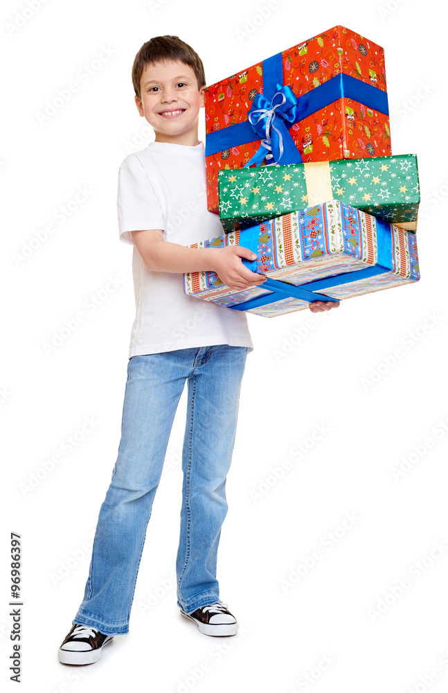 child with gift box - holiday object concept on white child with gift box - holiday object concept on white