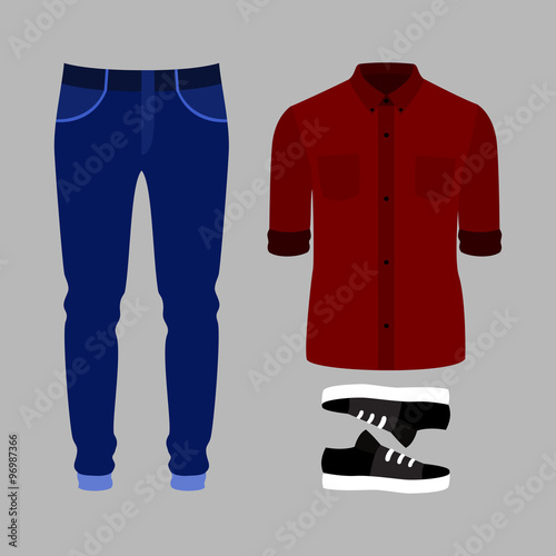 Set of  trendy men's clothes. Outfit of man pants, shirt and sneakers. Men's wardrobe. Vector illustration
