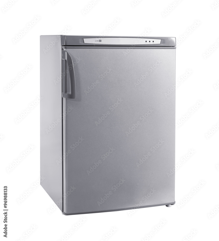 studio shot small stainless steel refrigerator isolated on white studio shot small stainless steel refrigerator isolated on white