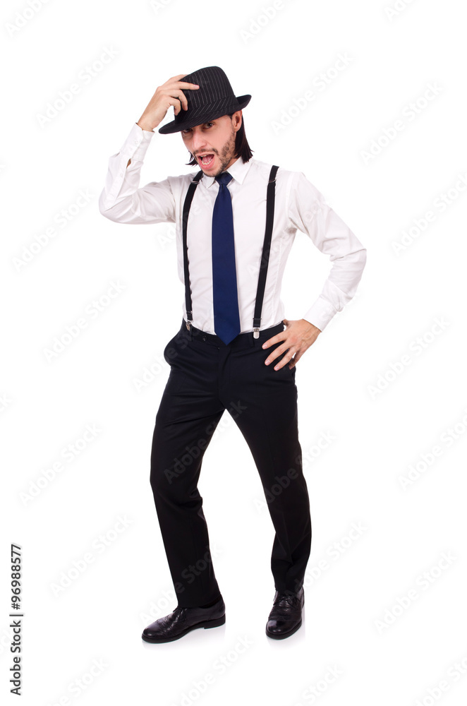 Man wearing hat and suspenders isolated on white Man wearing hat and suspenders isolated on white