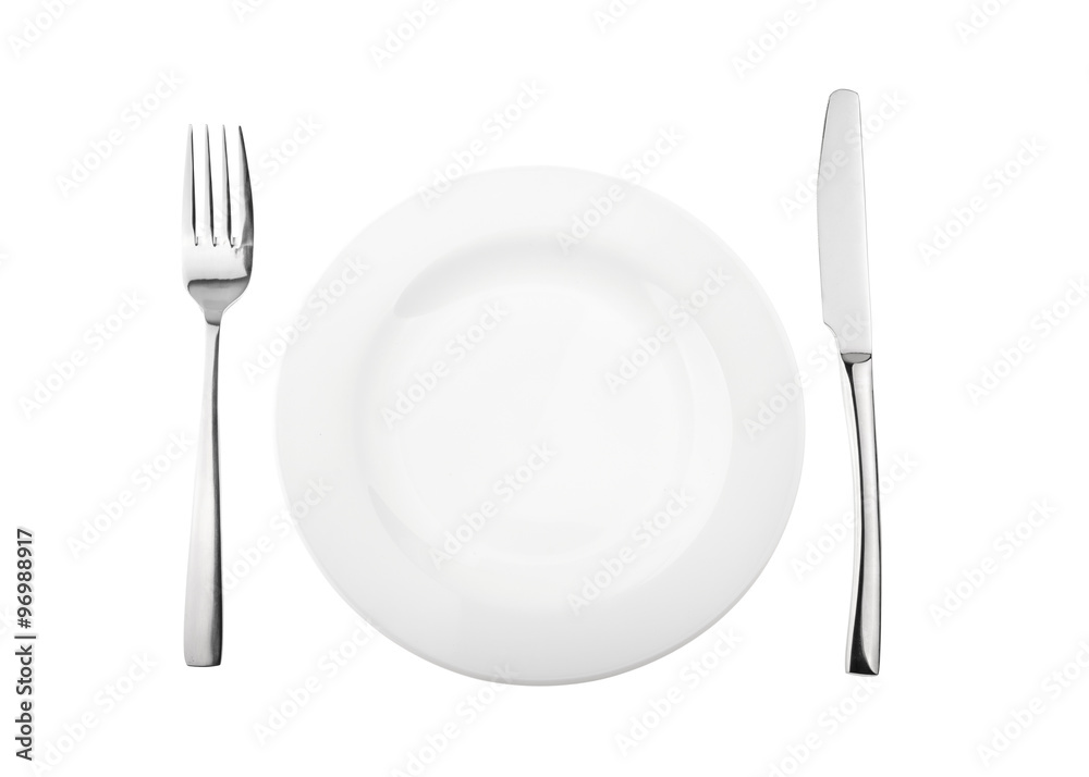 Empty plate, fork and knife isolated on white, without shadow Empty plate, fork and knife isolated on white, without shadow