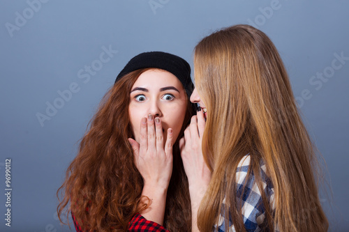 Quadro su tela Two happy young girlfriends telling secrets. Girl surprised
