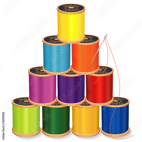 Needle and Threads Pyramid, jewel tones, silver needle, 10 spools of thread stack, isolated on white  for sewing, tailoring, quilting, crafts, needlework, do it yourself projects. 