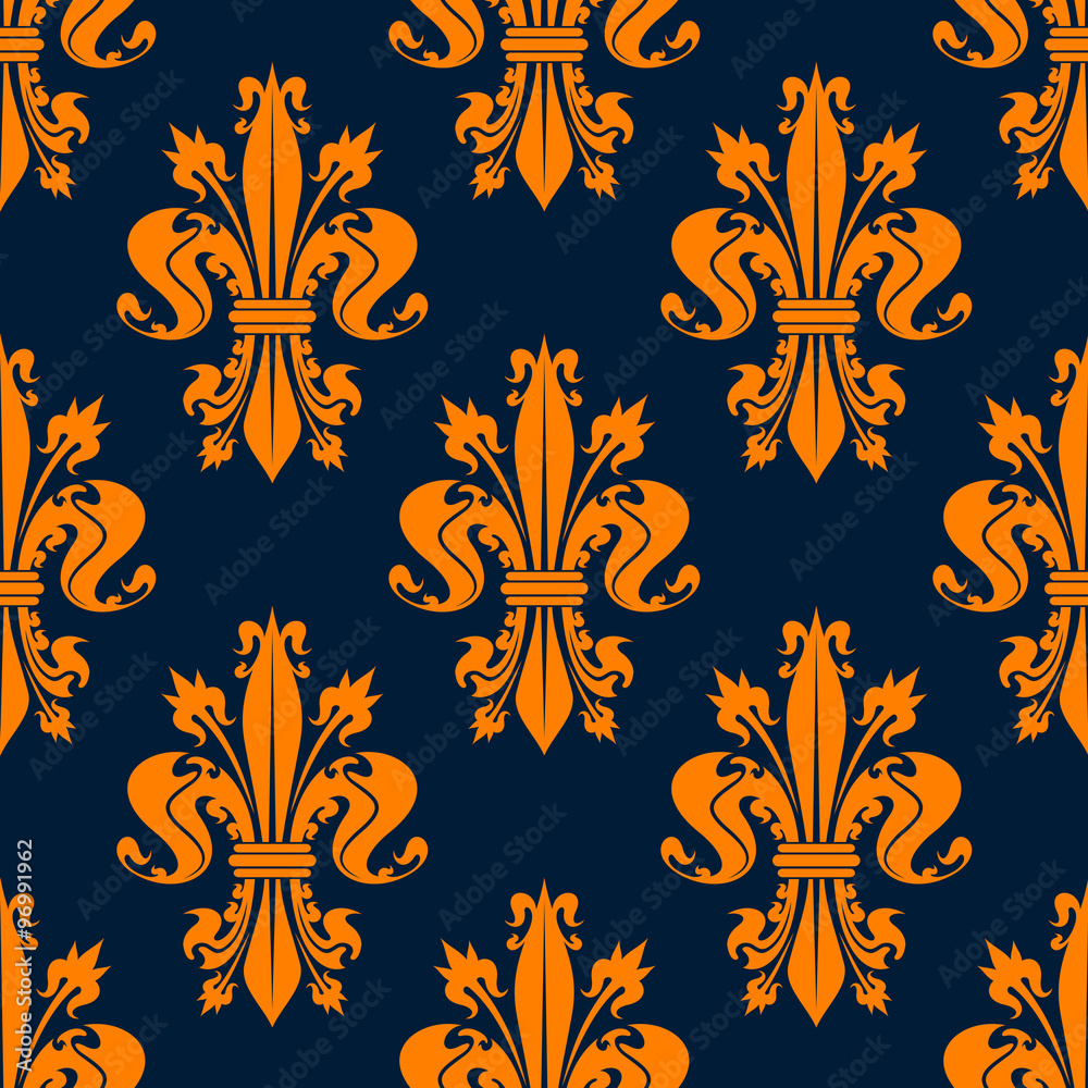 Fototapeta premium Blue and orange fleur-de-lis seamless pattern