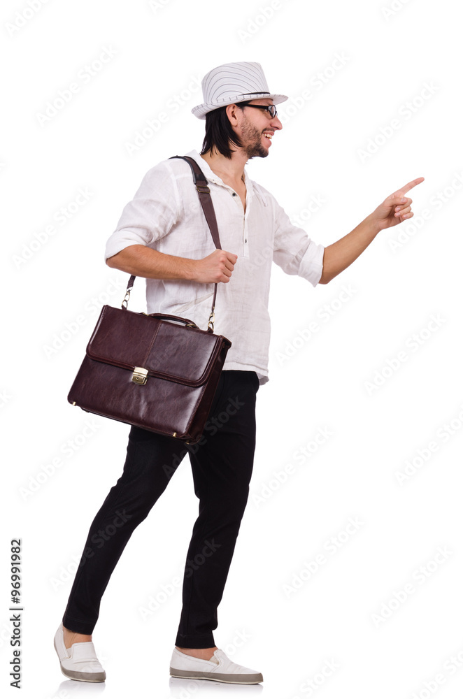 Young man with handbag and hat isolated on white Young man with handbag and hat isolated on white