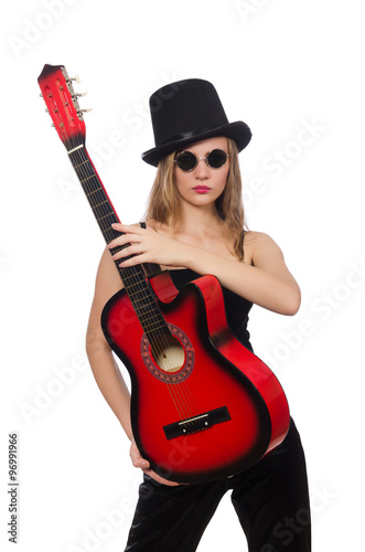 Young woman guitar player isolated on white