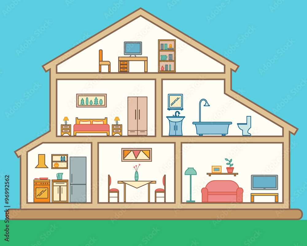 House in cut. Detailed modern house interior. House in cut. Detailed modern house interior.
