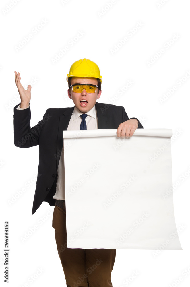 Funny architect with drawings on white Funny architect with drawings on white