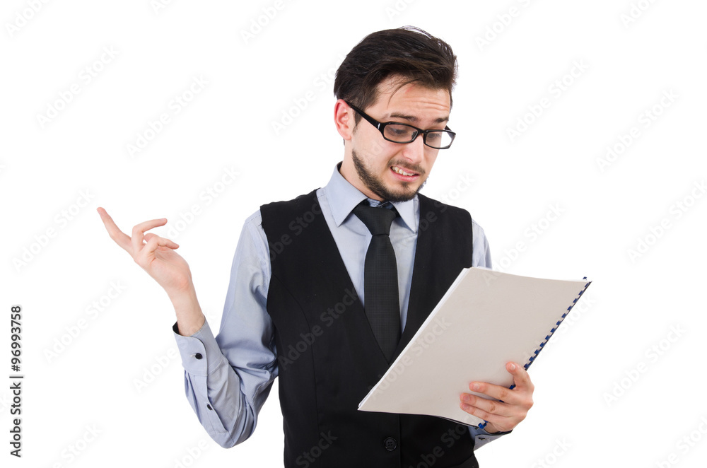 Office employee holding paper isolated on white Office employee holding paper isolated on white