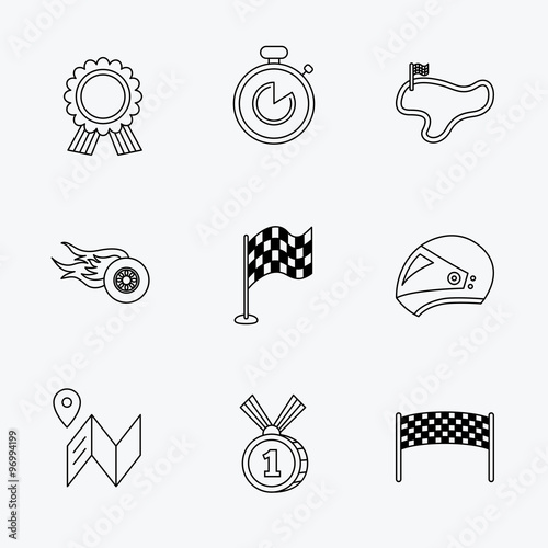 Race flag and speed icons. Winner medal signs.