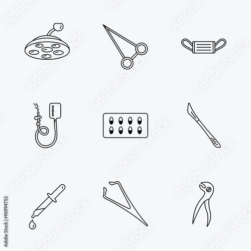Medical mask, capsules and dental pliers icons.
