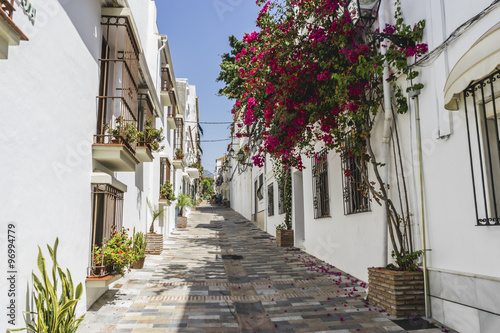 typical Andalusian streets and balconies with flowers in Marbell