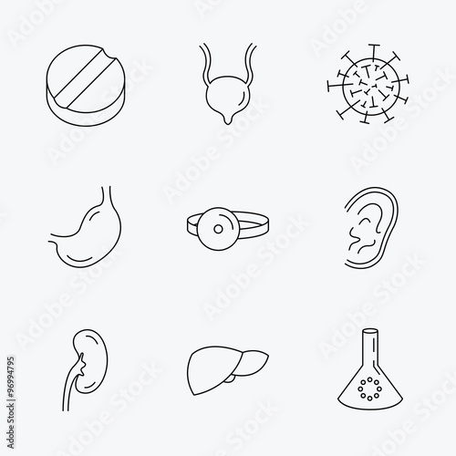 Virus, tablet and stomach organ icons.