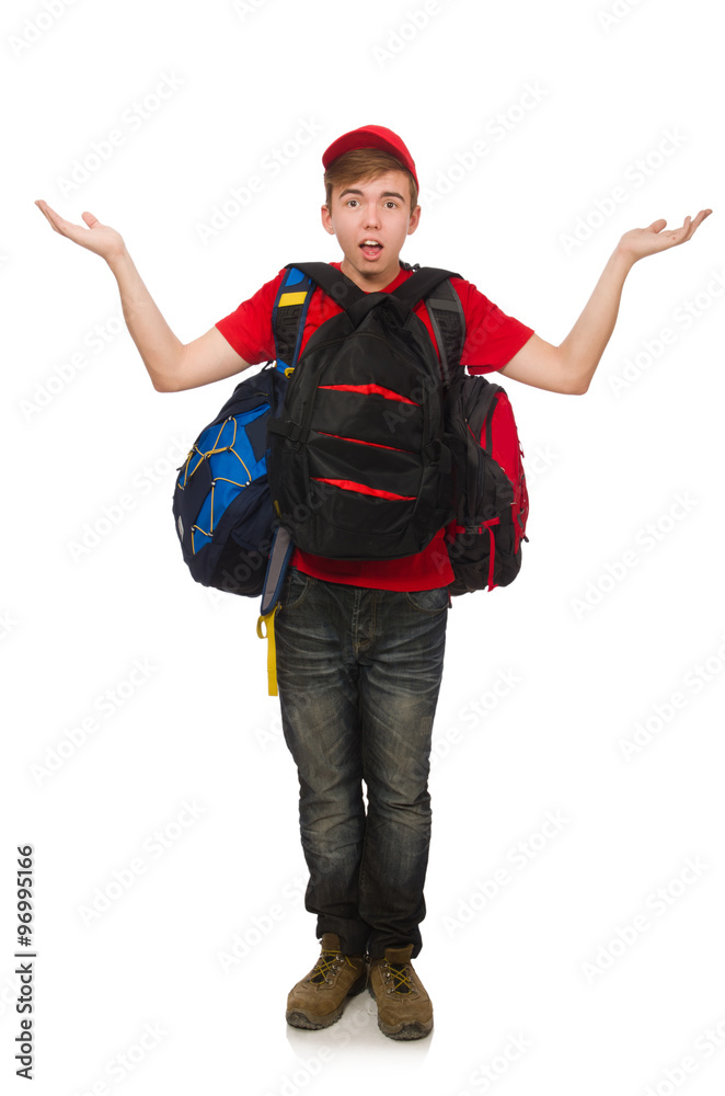 Young traveller with backpack isolated on white Young traveller with backpack isolated on white