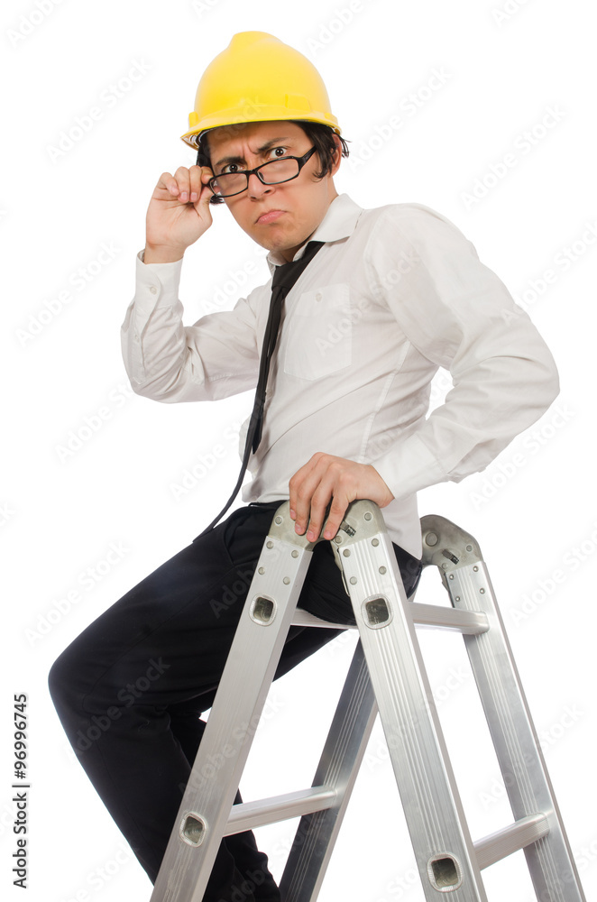 Construction worker in funny concept on white Construction worker in funny concept on white