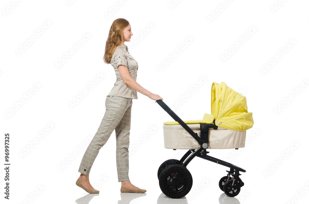 Woman with baby and pram isolated on white Woman with baby and pram isolated on white