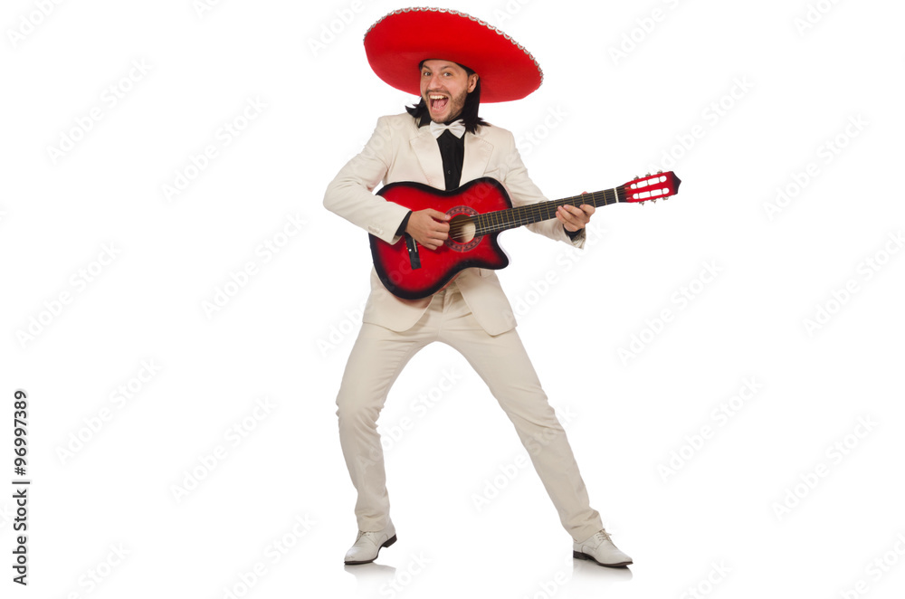 Funny mexican in suit holding guitar isolated on white Funny mexican in suit holding guitar isolated on white