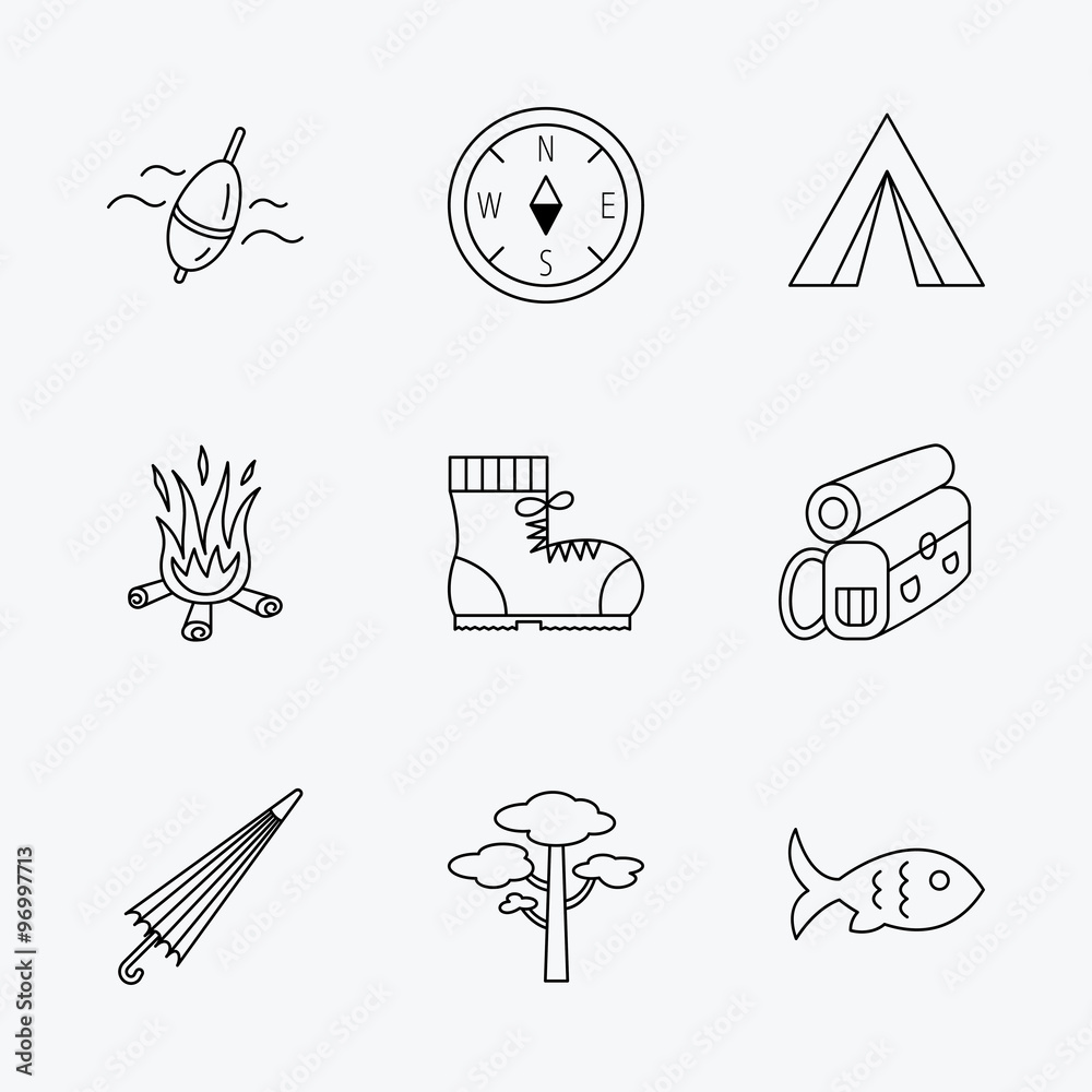Fototapeta premium Pine tree, fishing float and hiking boots icons.