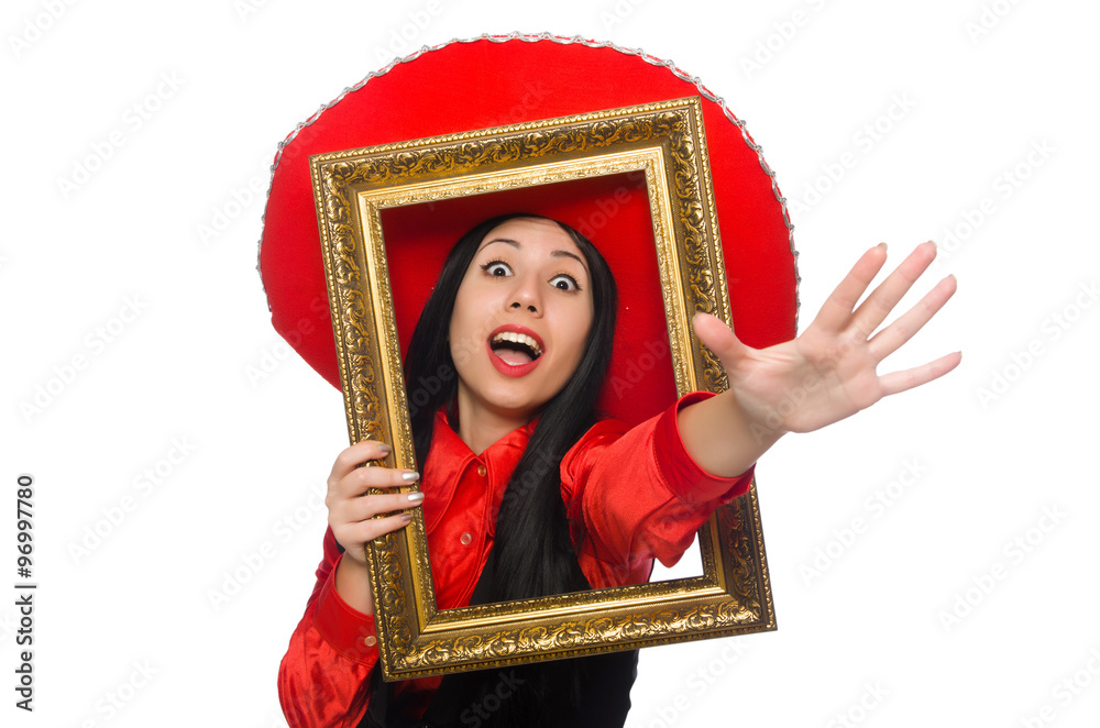 Fototapeta premium Mexican woman with picture frame on white