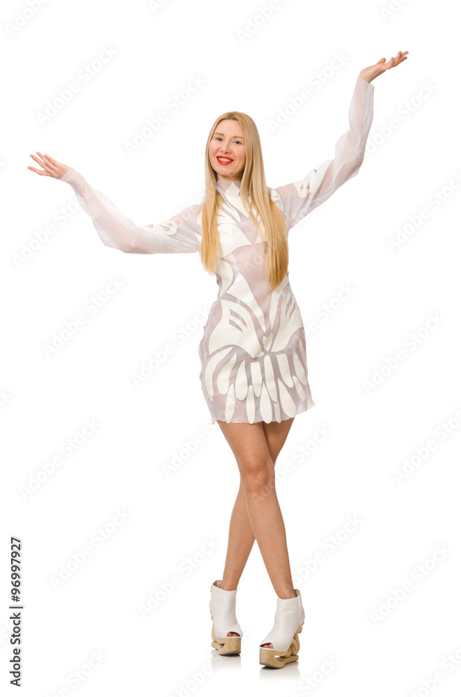 Woman wearing white dress isolated on white Woman wearing white dress isolated on white