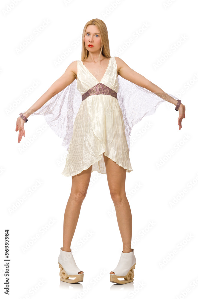 Woman wearing white dress isolated on white Woman wearing white dress isolated on white