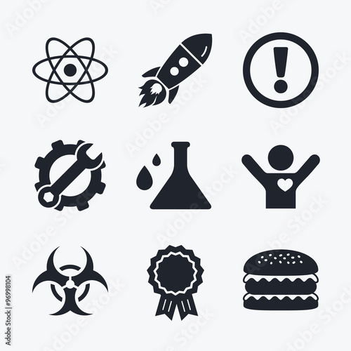 Attention biohazard icons. Chemistry flask.
