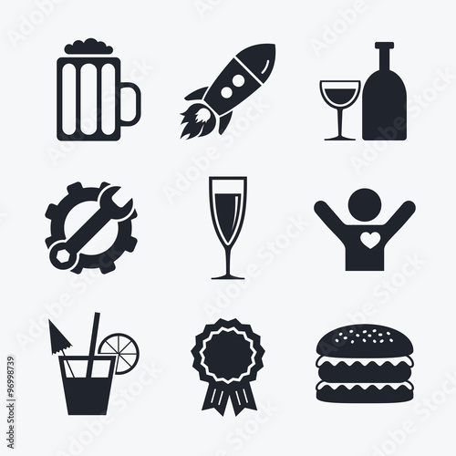 Alcoholic drinks signs. Champagne, beer icons.