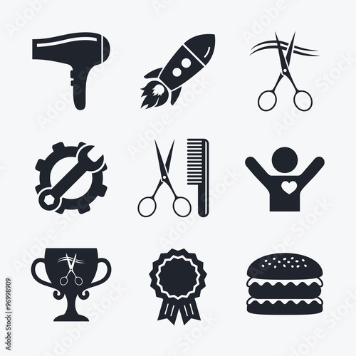 Hairdresser icons. Scissors cut hair symbol.
