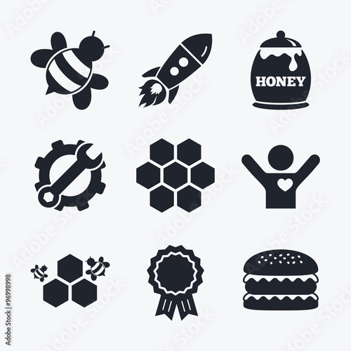Honey icon. Honeycomb cells with bees symbol.